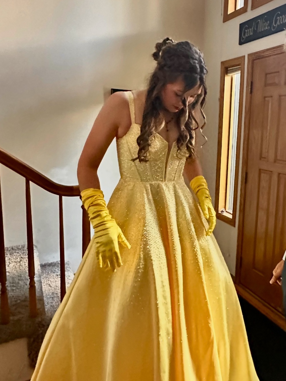 Sherri Hill Yellow Sequin Ball Gown with Matching Gloves and Heels.